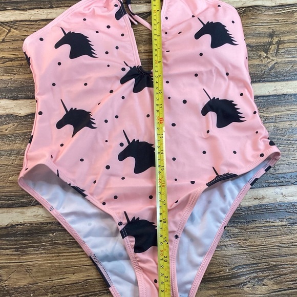 1 pc women’s swimsuit plunging neckline pink with black polka dot & unicorn NWOT - Picture 8 of 9